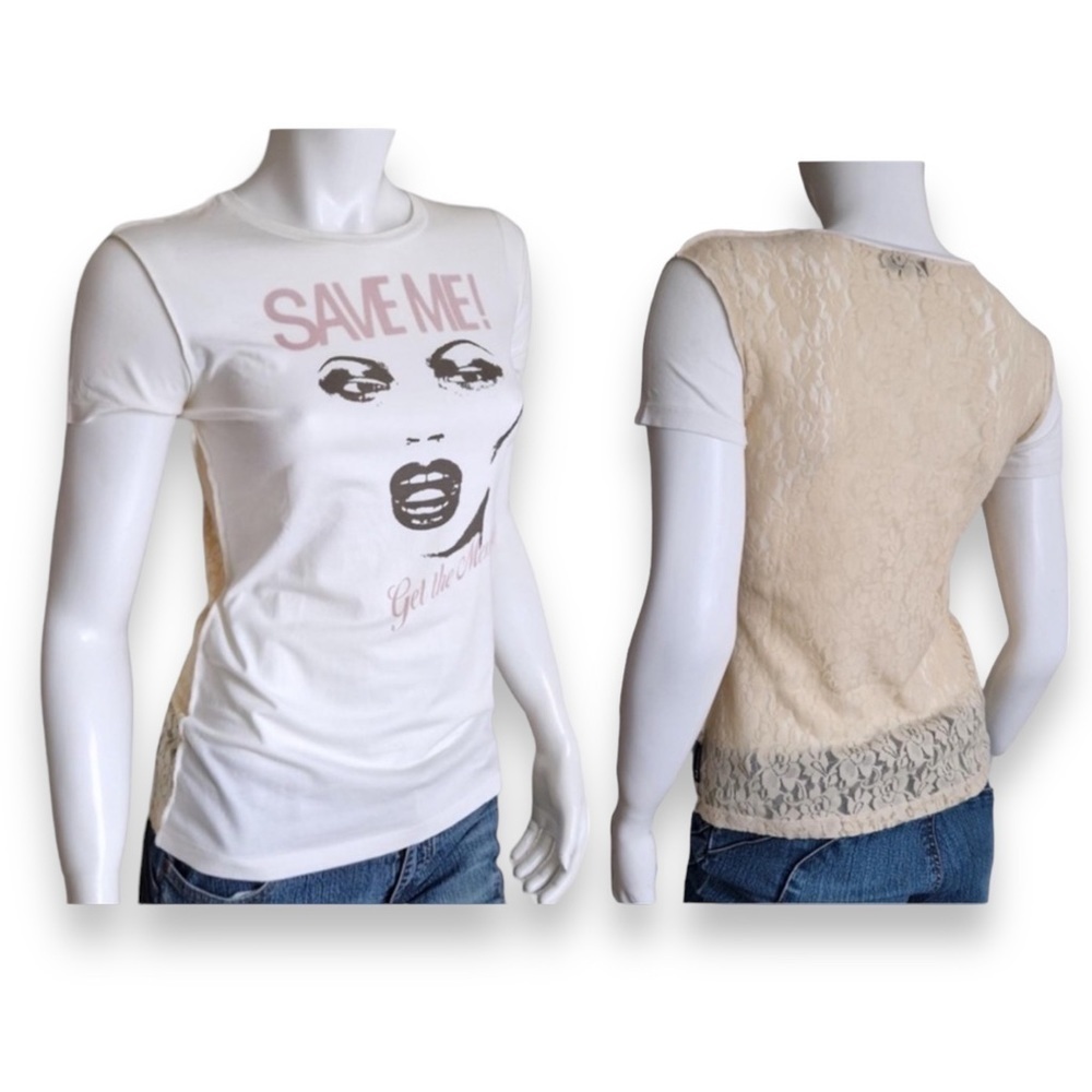 NWOT Dolce & Gabbana 90s white Graphic print stretch crop top Baby tee Lace L
